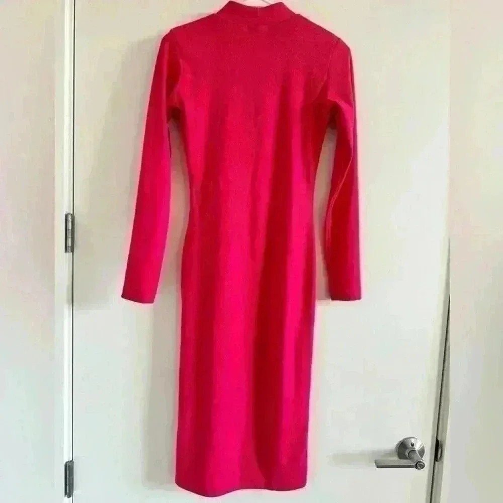 Fuchsia Bodycon Midi Dress Long Sleeve Size S Bright Pink Chic - Picture 4 of 5